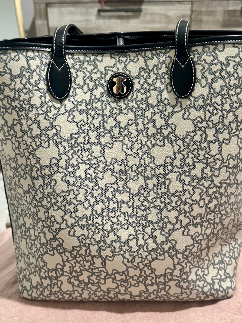 Tous Cream Patterned Tote with Black Trim and Handles